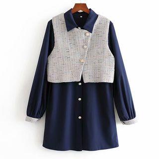 Set: Faux Pearl Button Shirt + Cropped Vest