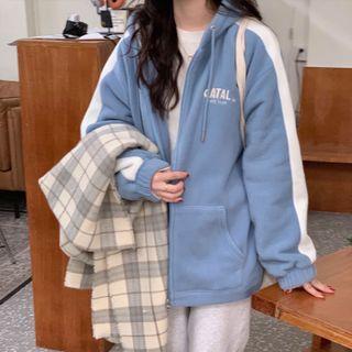 Long-sleeve Lettering Embroidered Fleece Hooded Zip Jacket