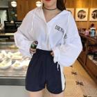 Lettering Hooded Long-sleeve Top / Contrast Color Wide-leg Shorts