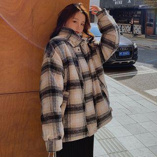 Plaid Fleece-collar Zip-up Coat