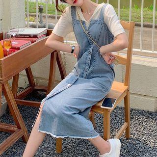 Short-sleeve Hooded T-shirt / Denim Midi Overall Dress