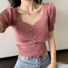 Short-sleeve Button Knit Cropped Top