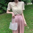 V-neck Long-sleeve Lace Trim Blouse / High-waist Drawcord Wide-leg Pants