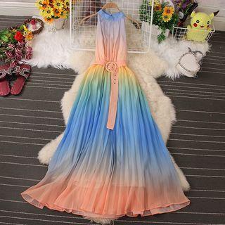 Sleeveless Gradient Accordion Pleat Maxi A-line Dress