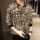 Half Placket Elbow-sleeve Leopard Print Shirt