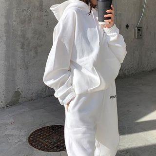 Lettering Embroidered Long-sleeve Sweatshirt / High-waist Fleece Pants