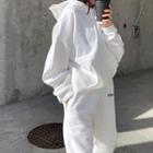 Lettering Embroidered Long-sleeve Sweatshirt / High-waist Fleece Pants
