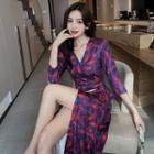 3/4-sleeve V-neck Print Midi A-line Wrap Dress