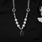 Faux Gemstone Pendant Faux Pearl Stainless Steel Necklace Black & Silver - One Size