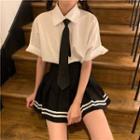 Elbow-sleeve Shirt / Tie / Pleated Mini A-line Skirt
