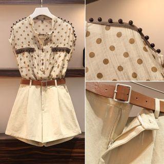 Set: Cap-sleeve Dotted Shirt + Wide-leg Shorts + Camisole Top