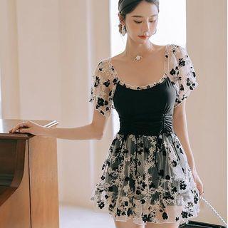 Puff-sleeve Floral Panel Swim Dress