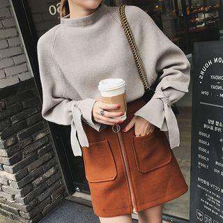 Set: Tie-cuff Sweater + Zip-front Mini A-line Skirt