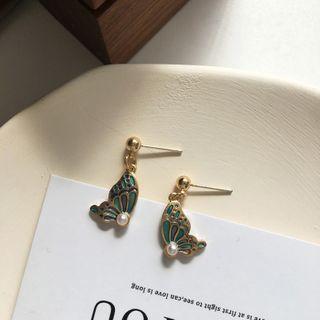 Faux Pearl Alloy Butterfly Dangle Earring 1 Pair - S925 Silver - As Shown In Figure - One Size