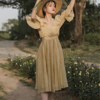 Lace Trim V-neck Bell-sleeve A-line Midi Dress