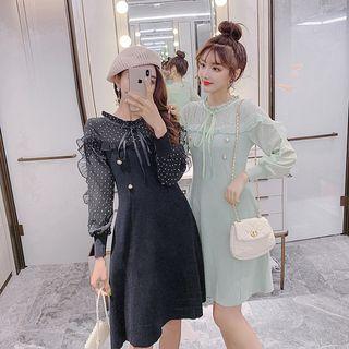 Sheer Panel Long-sleeve A-line Chiffon Dress