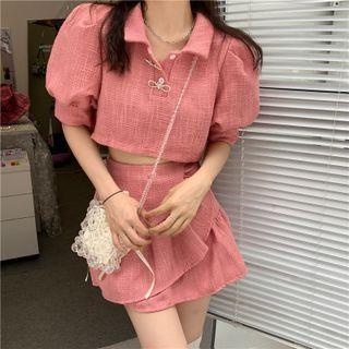 Set: Puff-sleeve Collared Top + Ruffle Hem Mini A-line Skirt