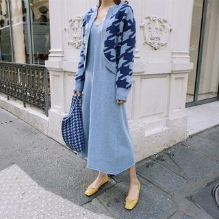 Set: Midi Spaghetti Strap Knit Dress + Houndstooth Open Front Cardigan