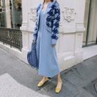 Set: Midi Spaghetti Strap Knit Dress + Houndstooth Open Front Cardigan