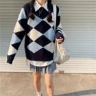 Long-sleeve Plaid Knit Sweater Sapphire Blue - One Size