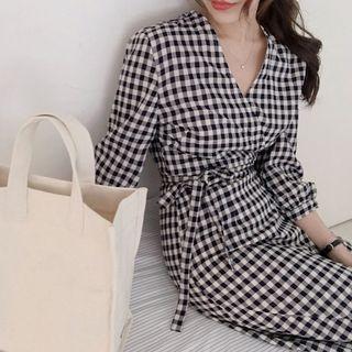 Long-sleeve Plaid Tie-waist Dress