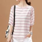 Elbow-sleeve Striped Perforated T-shirt