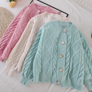 Round-neck Plain Argyle Long-sleeve Knit Jacket