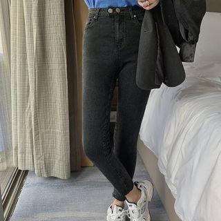 High-waist Frayed Fleece-lined Jeans