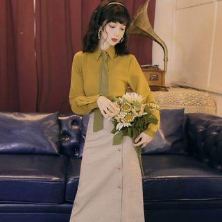 Set: Tie-neck Shirt + Midi Pencil Skirt