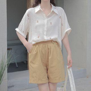 Set: Short-sleeve Bear Print Shirt + High-waist Shorts