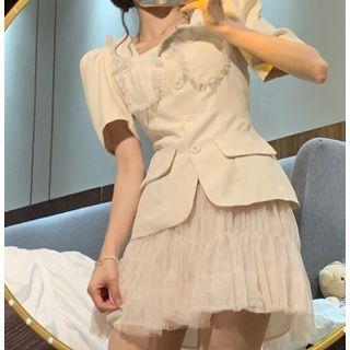 Short-sleeve Square-neck Lace Trim Blazer / Mesh Mini Skirt