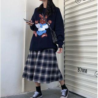 Long-sleeve Printed Sweater / Plaid Midi Skirt