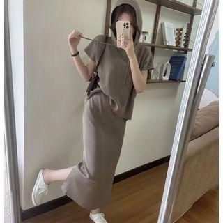 Set: Short-sleeve Hooded T-shirt + Midi A-line Skirt