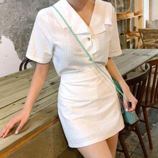 Set: Wide-collar Blouse + H-line Miniskirt