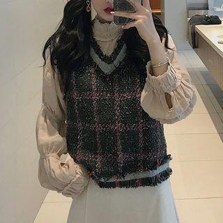 Mock-neck Long-sleeve Top / V-neck Plaid Knit Vest