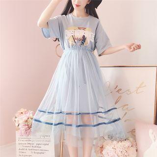 Set: Short-sleeve Print T-shirt + Mesh Midi Skirt