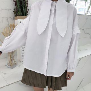 Plain Puff-sleeve Loose-fit Blouse White - One Size