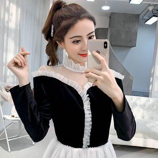 Long-sleeve Velvet Panel Chiffon Top