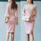 Set: Bell-sleeve Blouse + Peplum Skirt