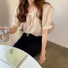 Short-sleeve Floral Tie-neck Top
