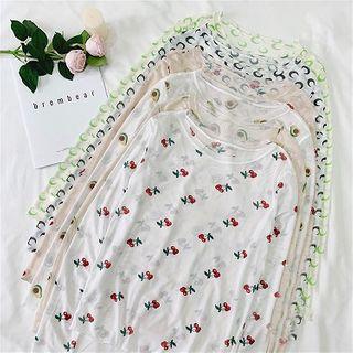 Printed Crewneck Long-sleeve Mesh Top