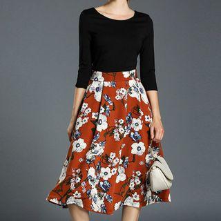 Floral Print Panel 3/4 Sleeve Midi Dress