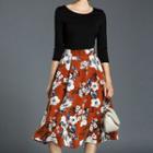 Floral Print Panel 3/4 Sleeve Midi Dress
