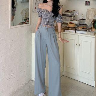Floral Off-shoulder Drawstring Blouse / Wide-leg Pants