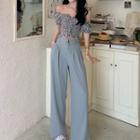 Floral Off-shoulder Drawstring Blouse / Wide-leg Pants