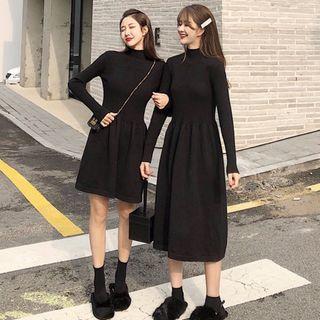 Mock Turtleneck Long-sleeve Mini A-line Knit Dress / Midi Dress