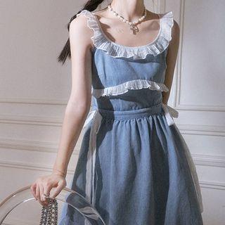 Spaghetti Strap Ruffle Denim Midi A-line Dress