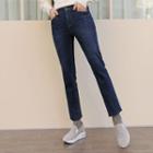 Fray-hem Fleece-lined Straight-cut Jeans