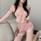 Crop Zip-up Round Hem Hoodie / Contrast Trim High Waist Shorts