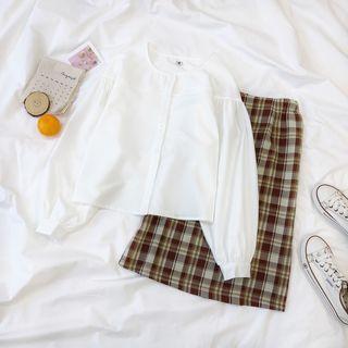 Lantern-sleeve Blouse / Plaid Straight-fit Skirt
